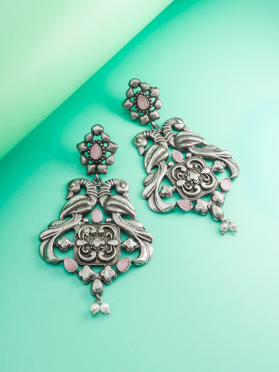 

aadita Silver-Plated Stone Studded Contemporary Drop Earrings, Pink