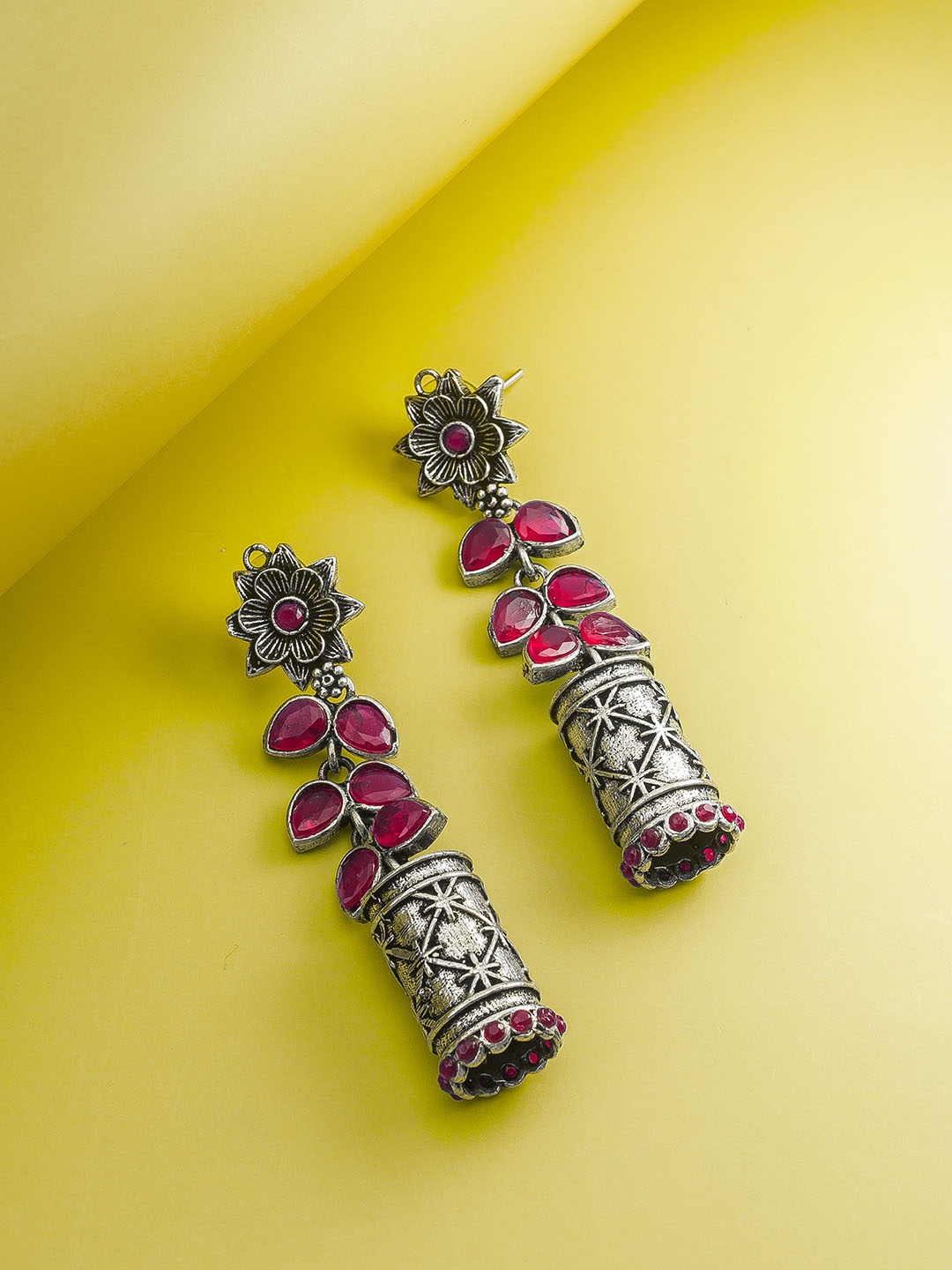 

aadita Silver-Plated Stone Studded Floral Shaped Drop Earrings, Pink
