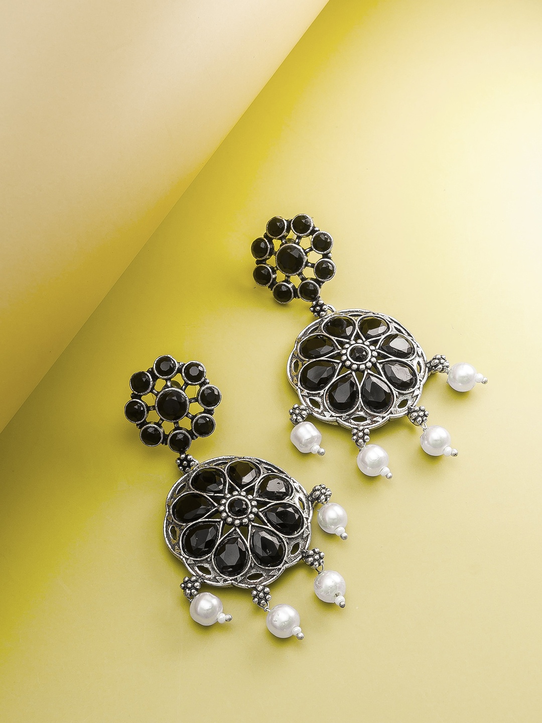 

aadita Silver-Plated Stone-Studded & Beaded Floral Shaped Drop Earrings, Black