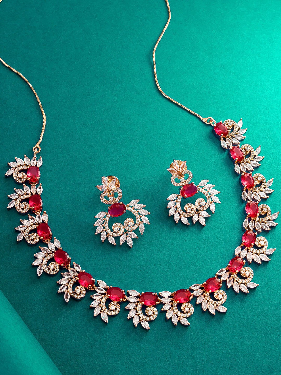 

aadita Rose Gold-Plated Stone-Studded Necklace and Earrings, Red