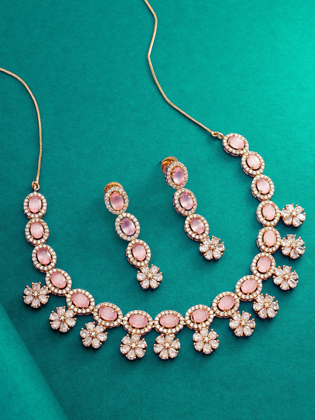 

aadita Rose Gold-Plated Stone Studded Necklace and Earrings, Pink
