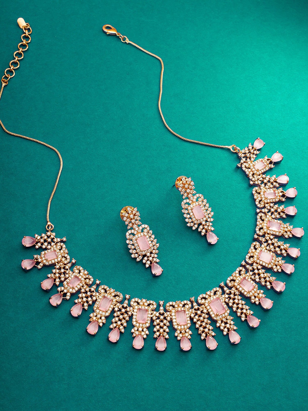 

aadita Rose Gold-Plated Stone Studded Necklace and Earrings, Pink