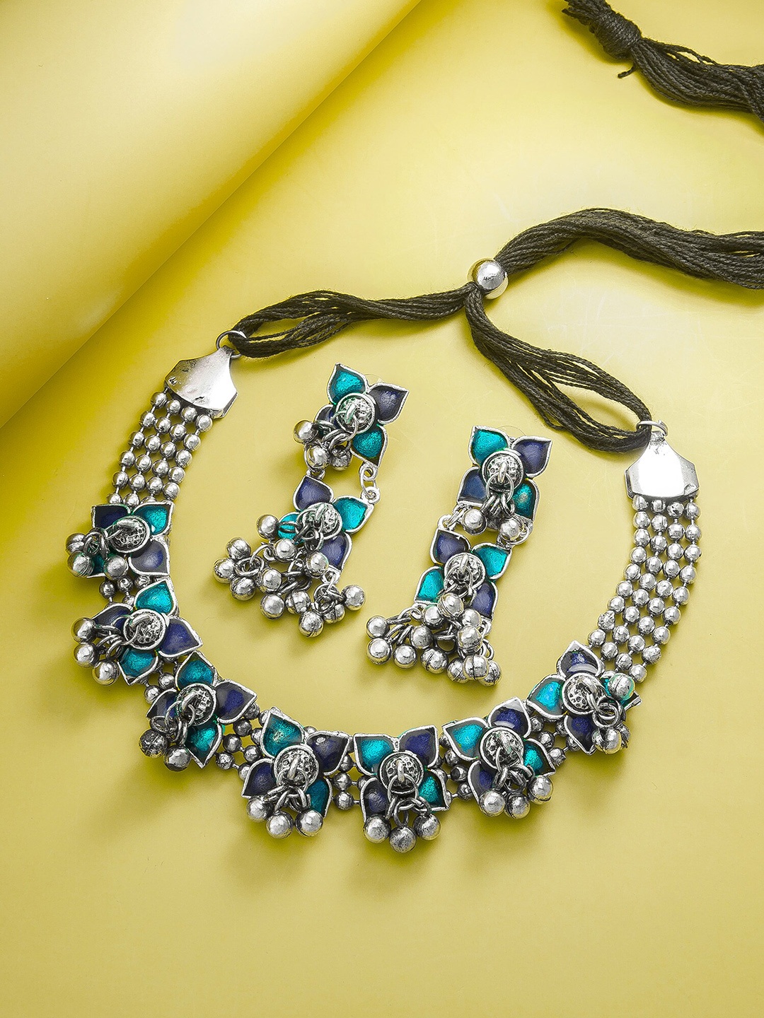 

aadita Silver-Plated Stone Studded Choker Necklace and Earrings, Blue