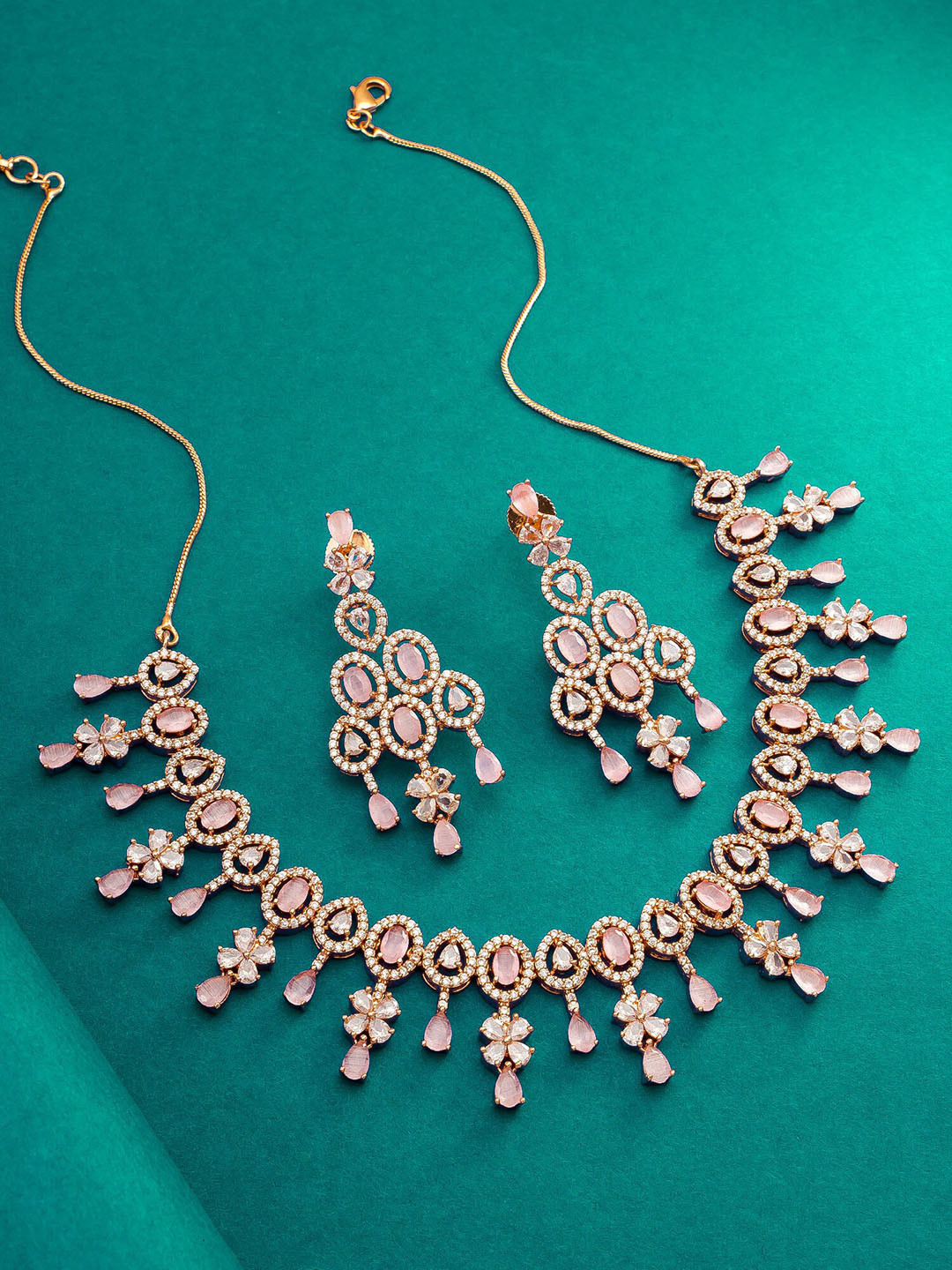 

aadita Rose Gold-Plated Stone Studded Necklace and Earrings, Pink