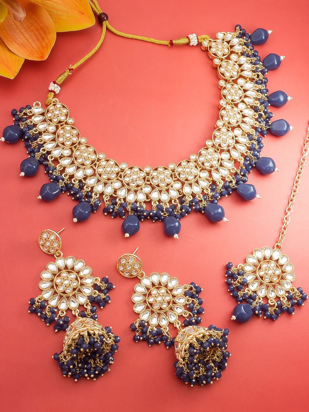 

aadita Gold-Plated Stone Studded & Beaded Necklace and Earrings & with Maang Tika, Blue