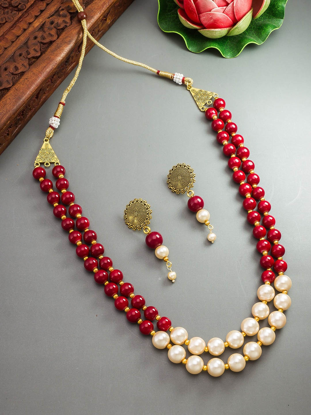 aadita Gold-Plated Beaded Temple Necklace and Earrings, Red