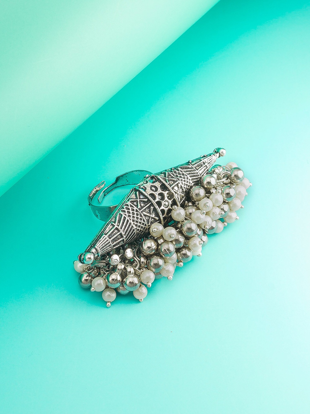 

aadita Silver Plated Pearl Beaded Adjustable Finger Ring