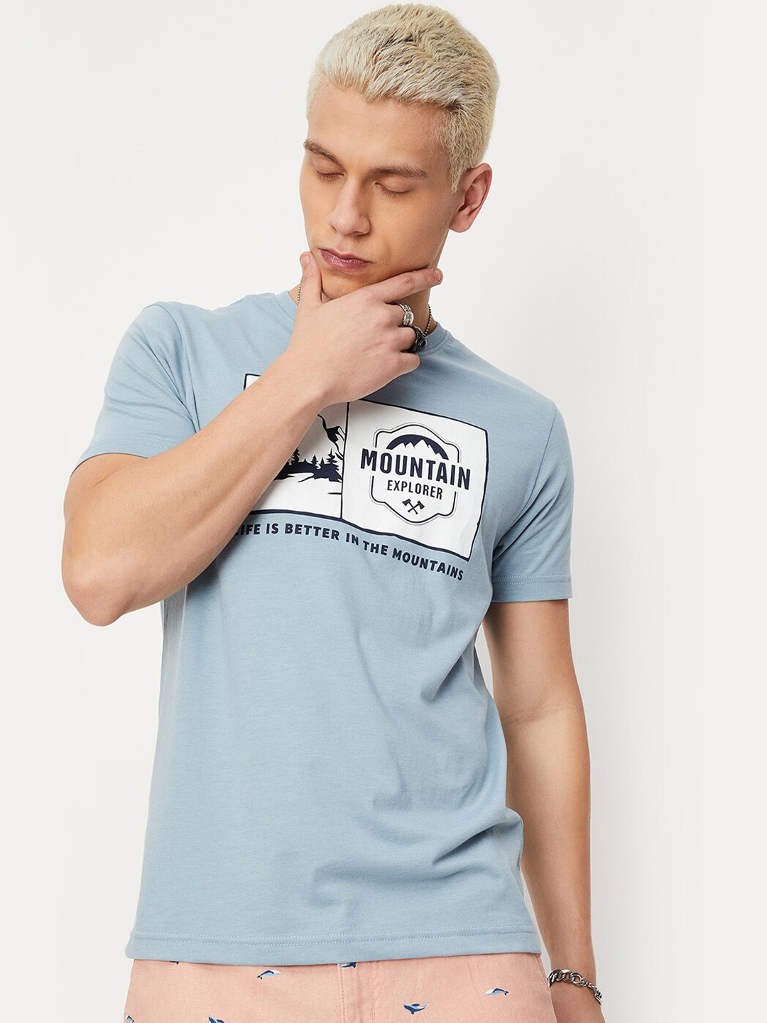 

max Typography Printed Cotton T-shirt, Blue