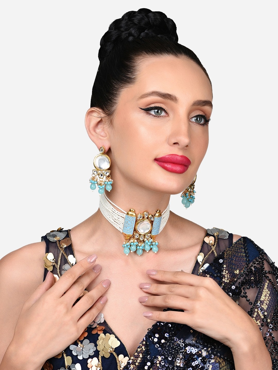 

Zaveri Pearls Gold-Plated Kundan & Bead Studded Choker Necklace and Earrings, Blue