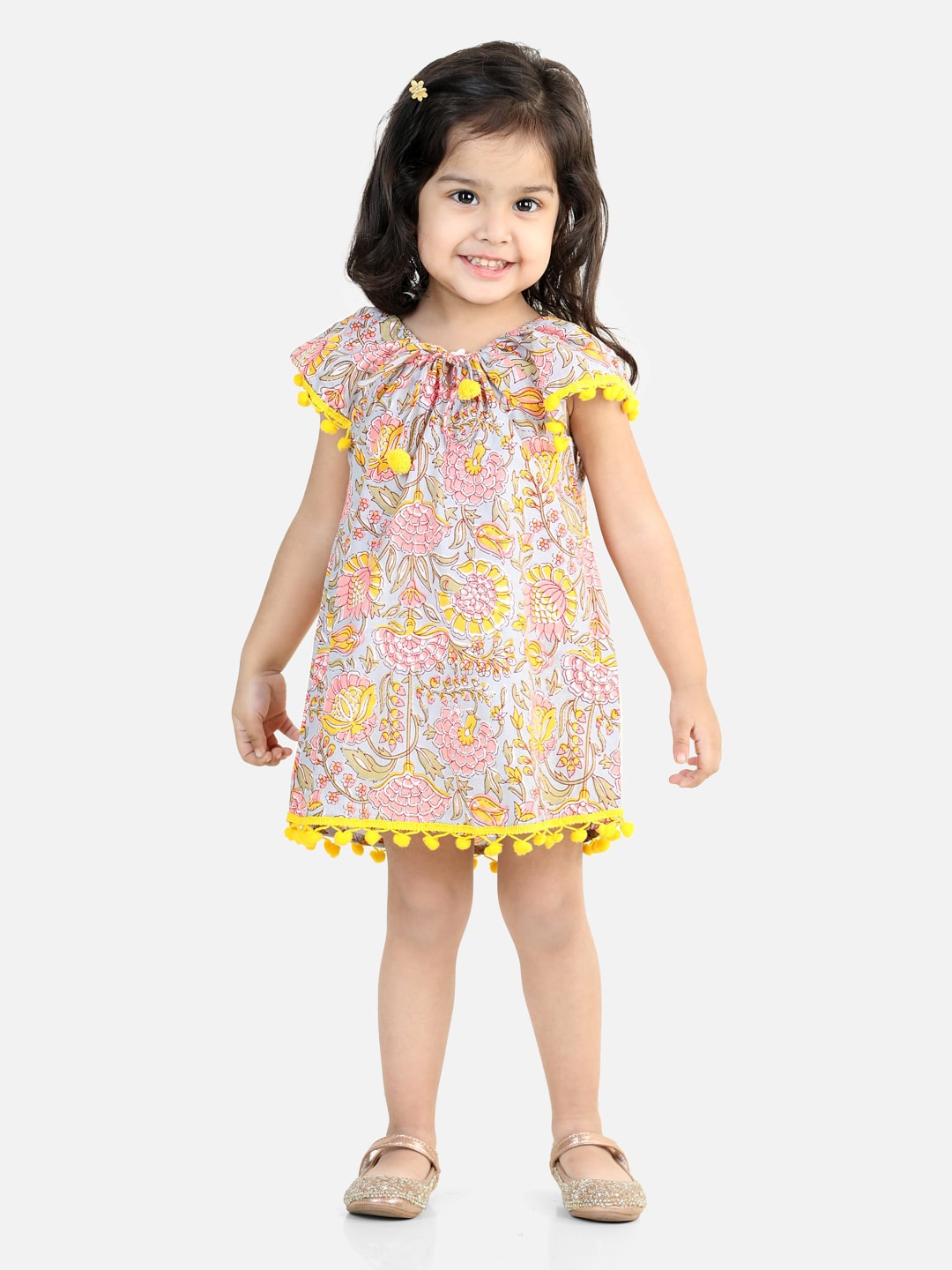 

BownBee Girls Floral Printed Cotton A-Line Dress with Pompom, Blue
