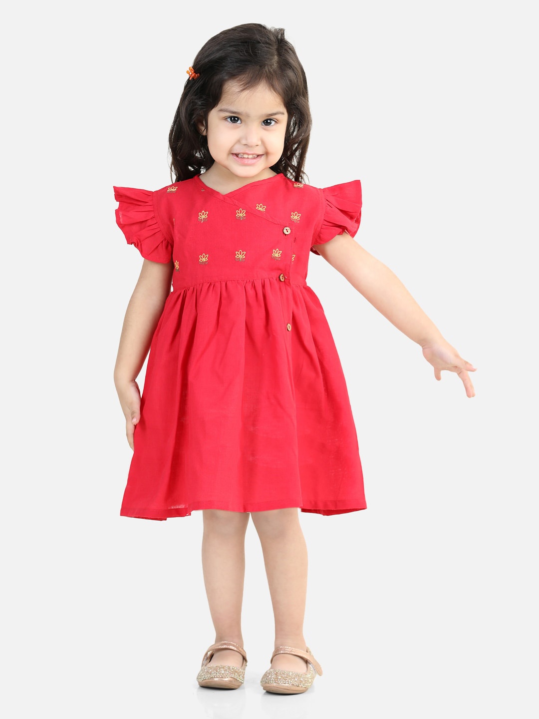 

BownBee Cotton V-Neck Flutter Sleeves Fit And Flare Dress, Red