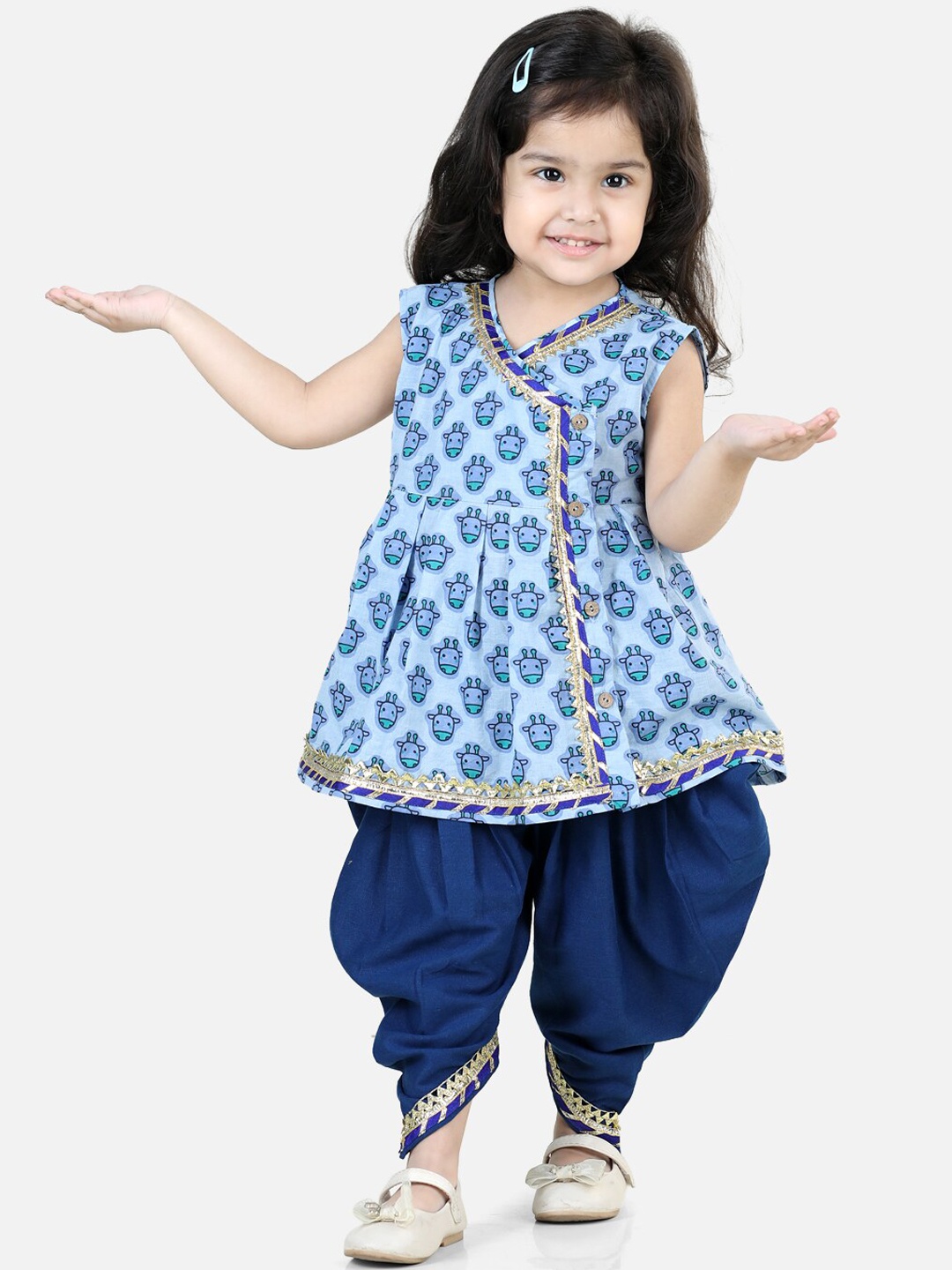 

BownBee Girls Printed Gotta Patti Angrakha Pure Cotton Kurta With Dhoti Pants, Blue