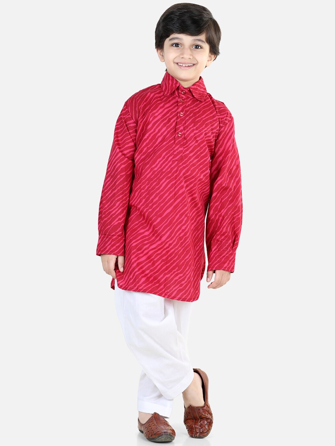

BownBee Boys Striped Pure Cotton Pathani Kurta with Salwar, Red