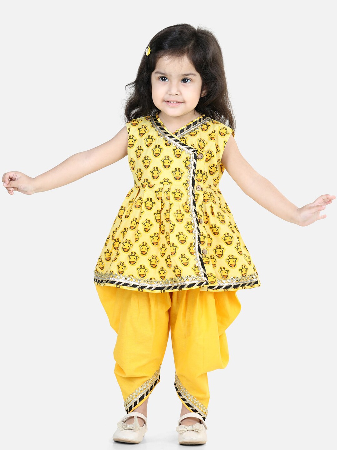 

BownBee Girls Printed Angrakha Pure Cotton kurti with Dhoti Pants, Yellow