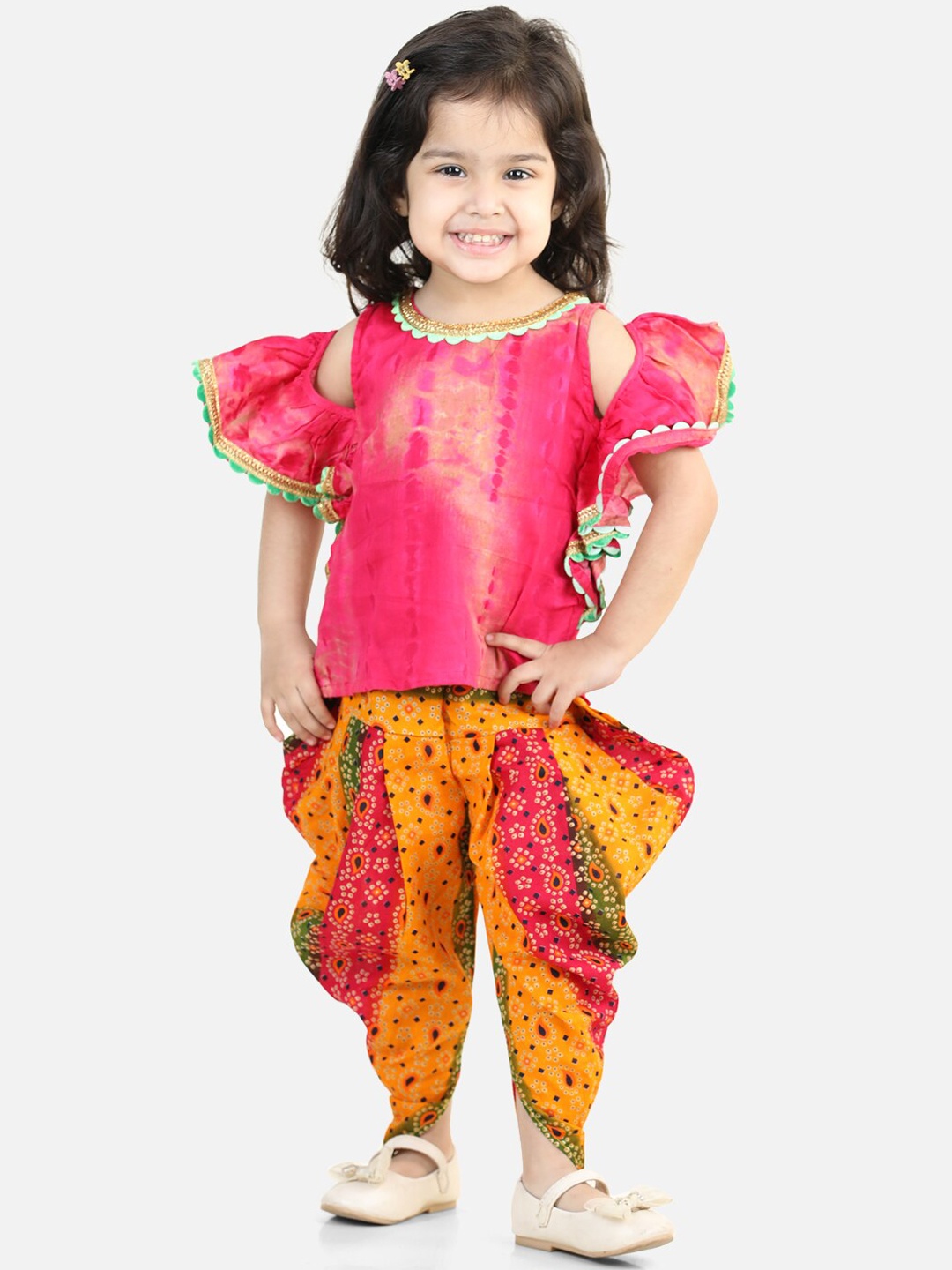 

BownBee Girls Bandhani Pure Cotton Top with Dhoti Pants, Pink