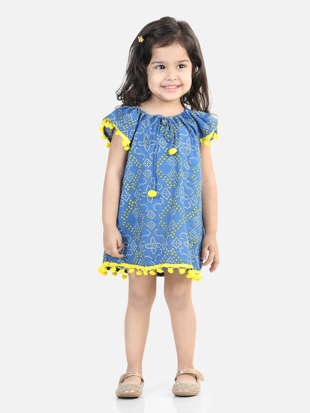 

BownBee Floral Printed Cotton Tie-Ups Neck Flared Sleeves A-Line Dress, Blue