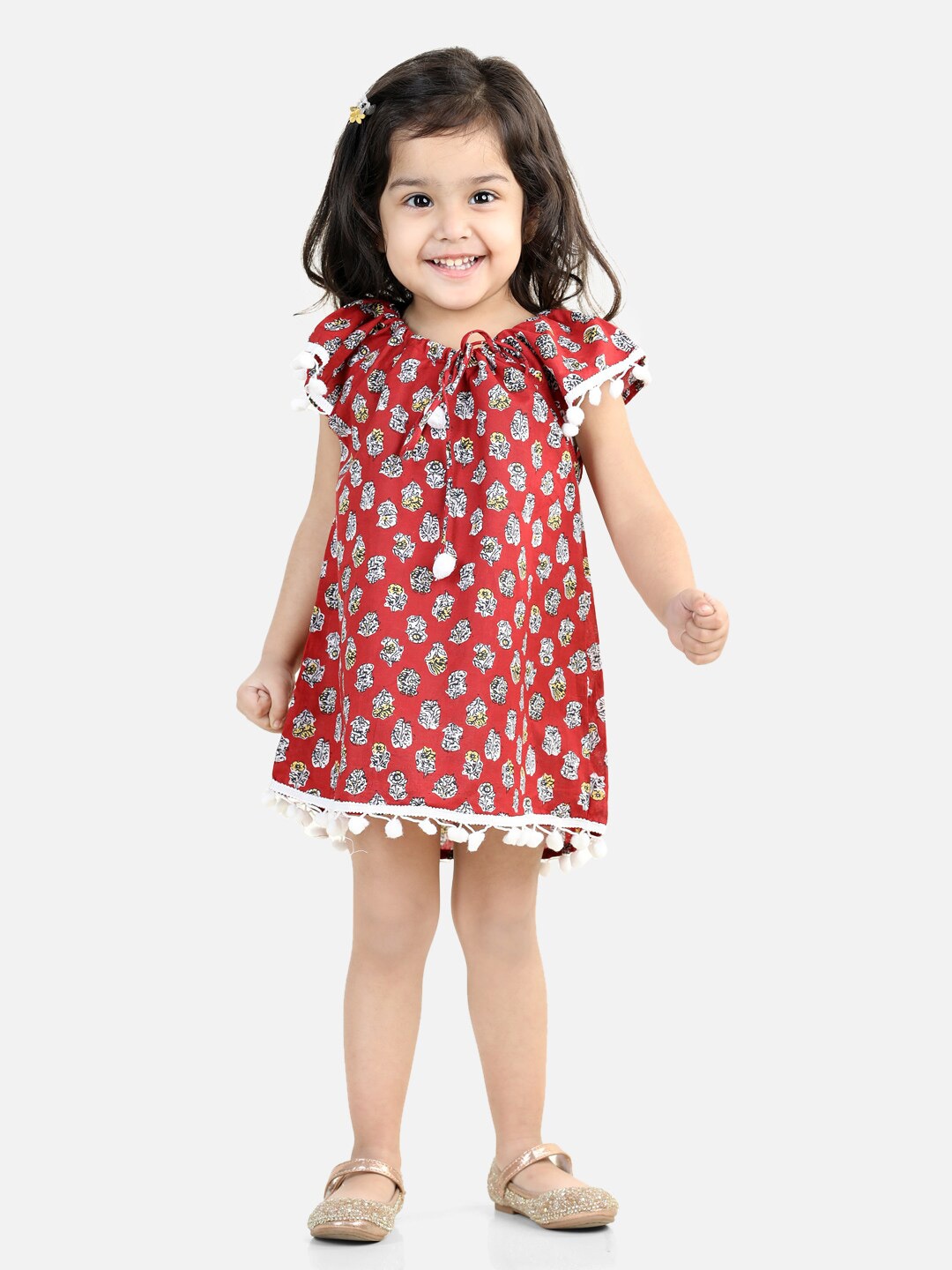 

BownBee Floral Printed Cotton Tie-Ups Neck Flared Sleeves A-Line Dress, Maroon