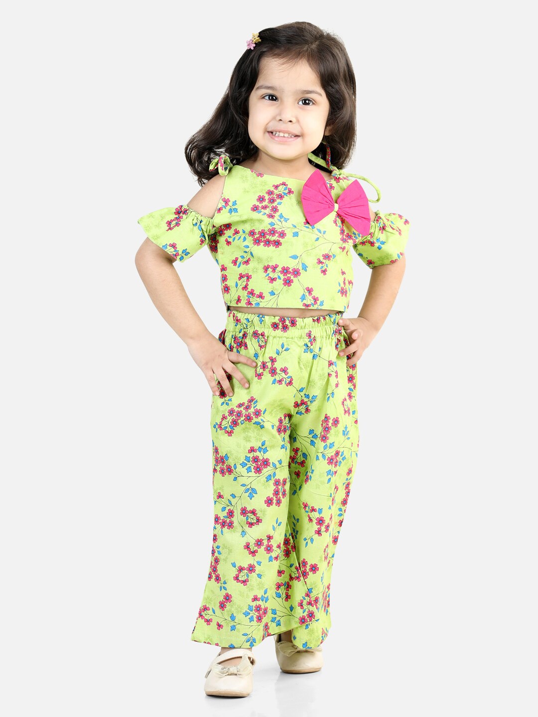 

BownBee Girls Floral Printed Pure Cotton Top with Palazzos, Green