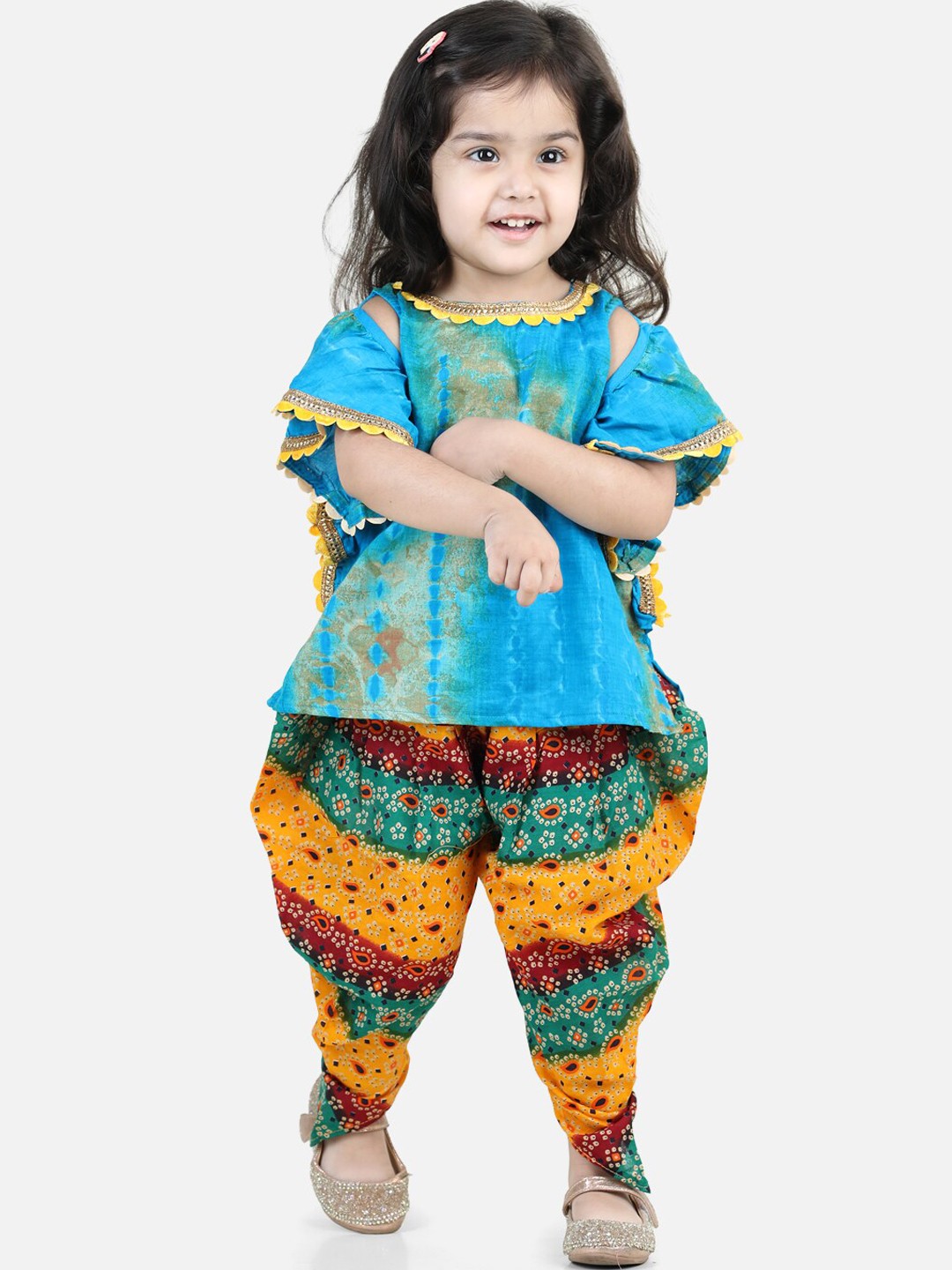

BownBee Girls Dyed Pure Cotton Top With Bandhani Printed Dhoti Pants, Blue