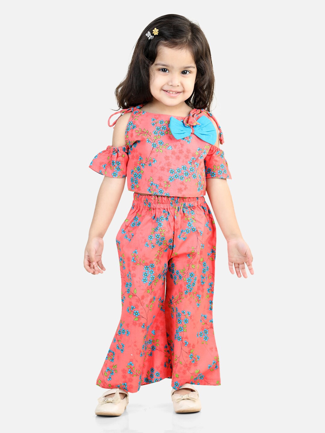 

BownBee Girls Printed Cotton Top with Palazzos, Coral