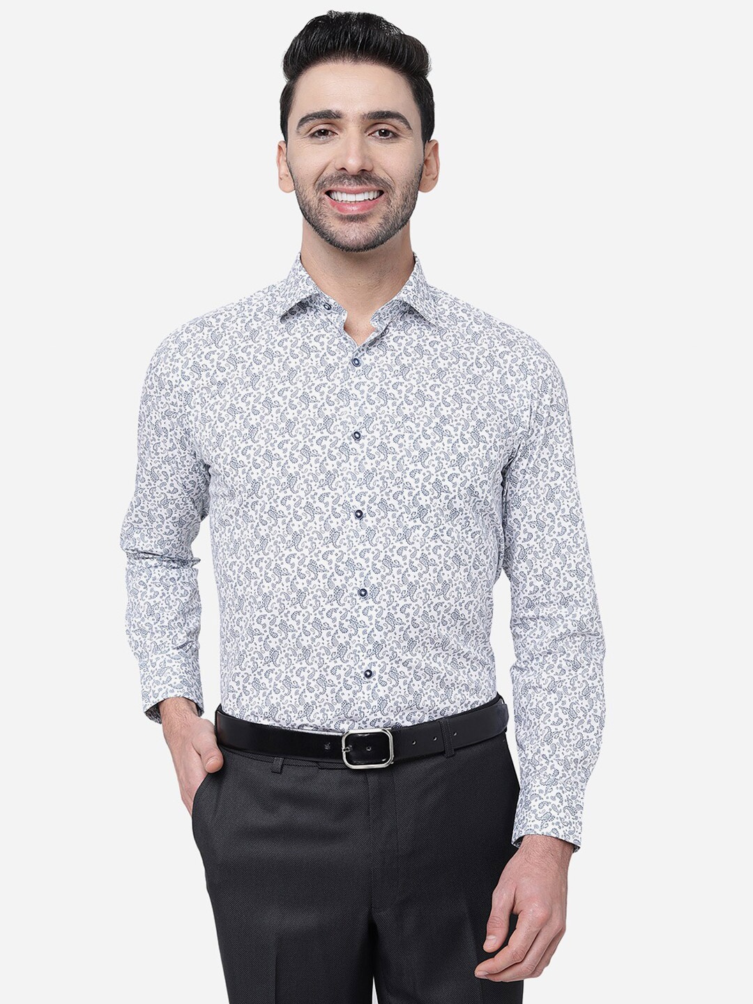 Greenfibre Slim Fit Abstract Printed Cotton Formal Shirt, White