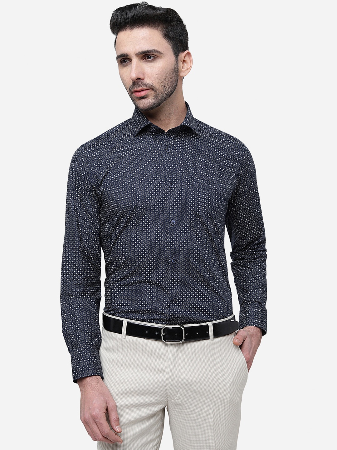 

Greenfibre Men Slim Fit Micro Ditsy Printed Cotton Formal Shirt, Blue