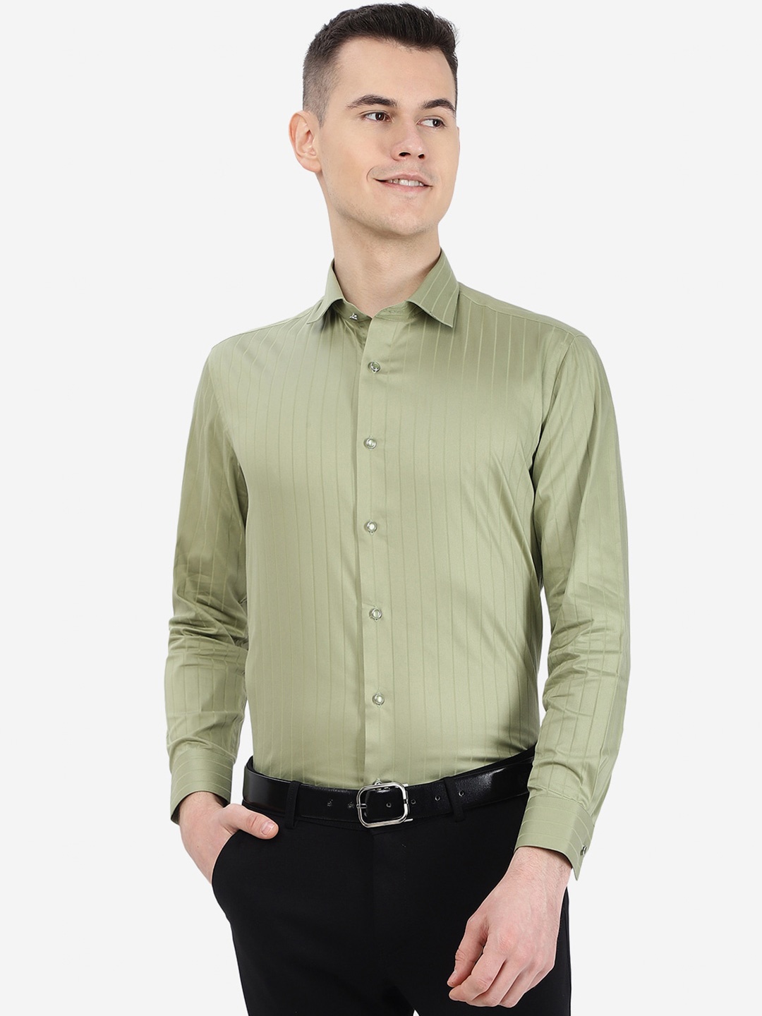 

Greenfibre Striped Cotton Formal Shirt, Green