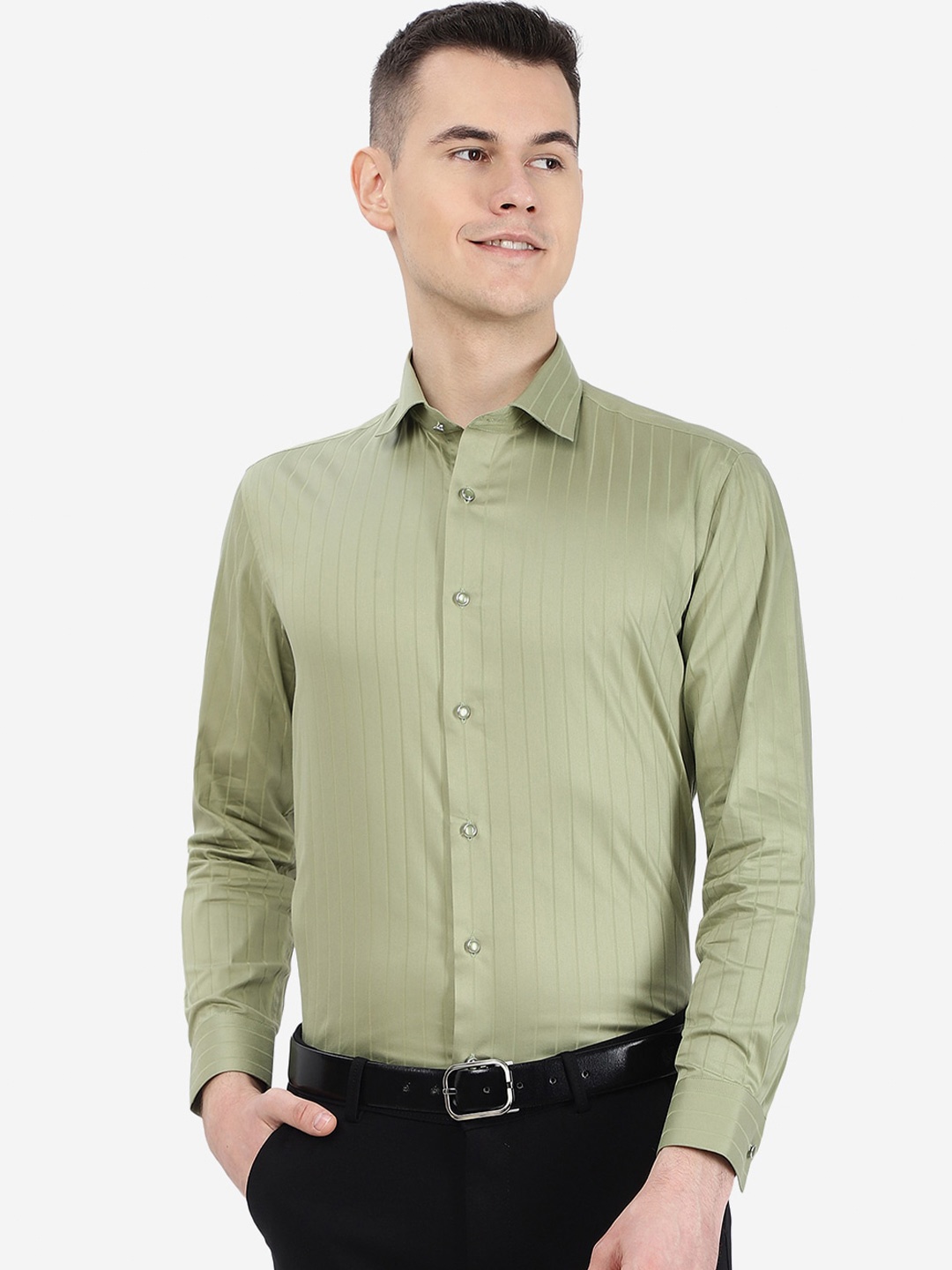 

Greenfibre Striped Cotton Formal Shirt, Green