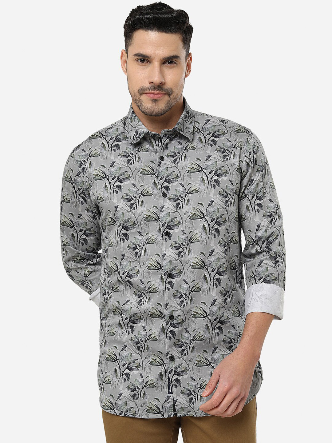 

JADE BLUE Plus Size Floral Printed Cotton Casual Shirt, Grey