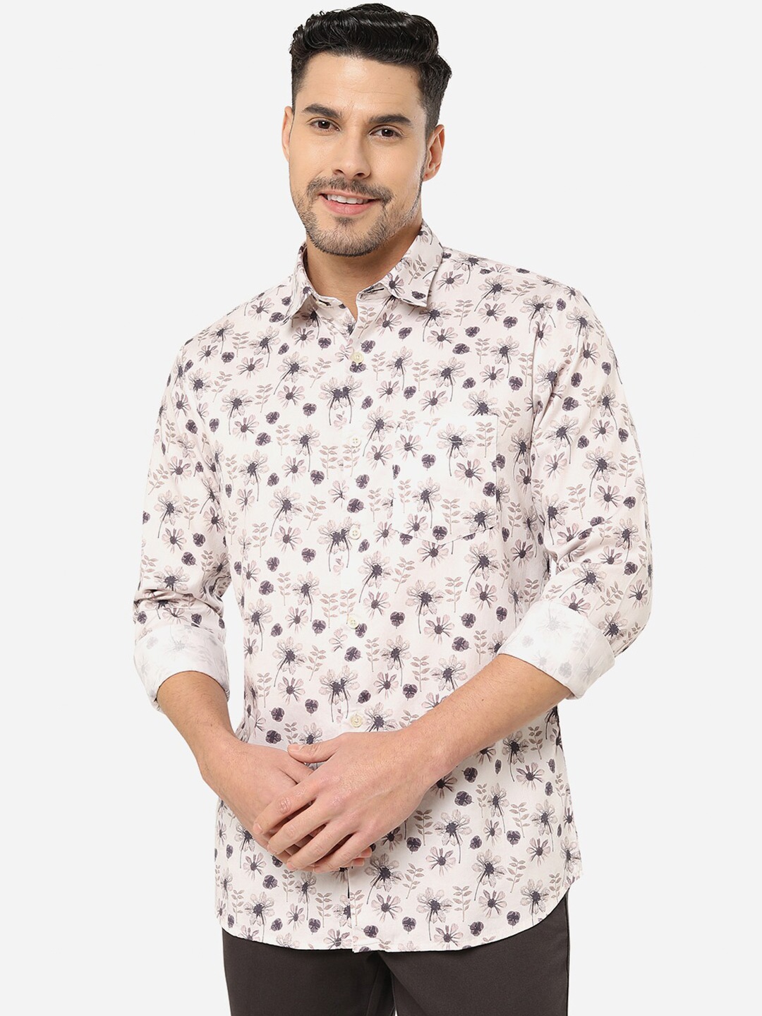 

JADE BLUE Slim Fit Floral Printed Cotton Casual Shirt, Off white