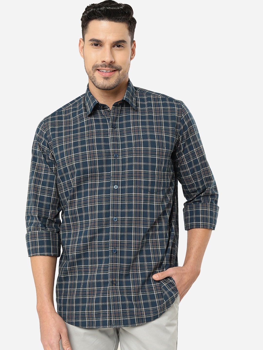 

JADE BLUE Slim Fit Shepherd Checked Cotton Casual Shirt, Green