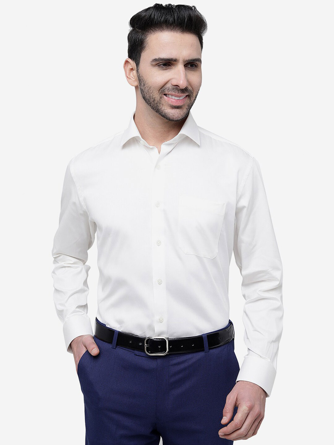 

JADE BLUE Long Sleeves Patch Pocket Slim Fit Casual Cotton Shirt, Cream