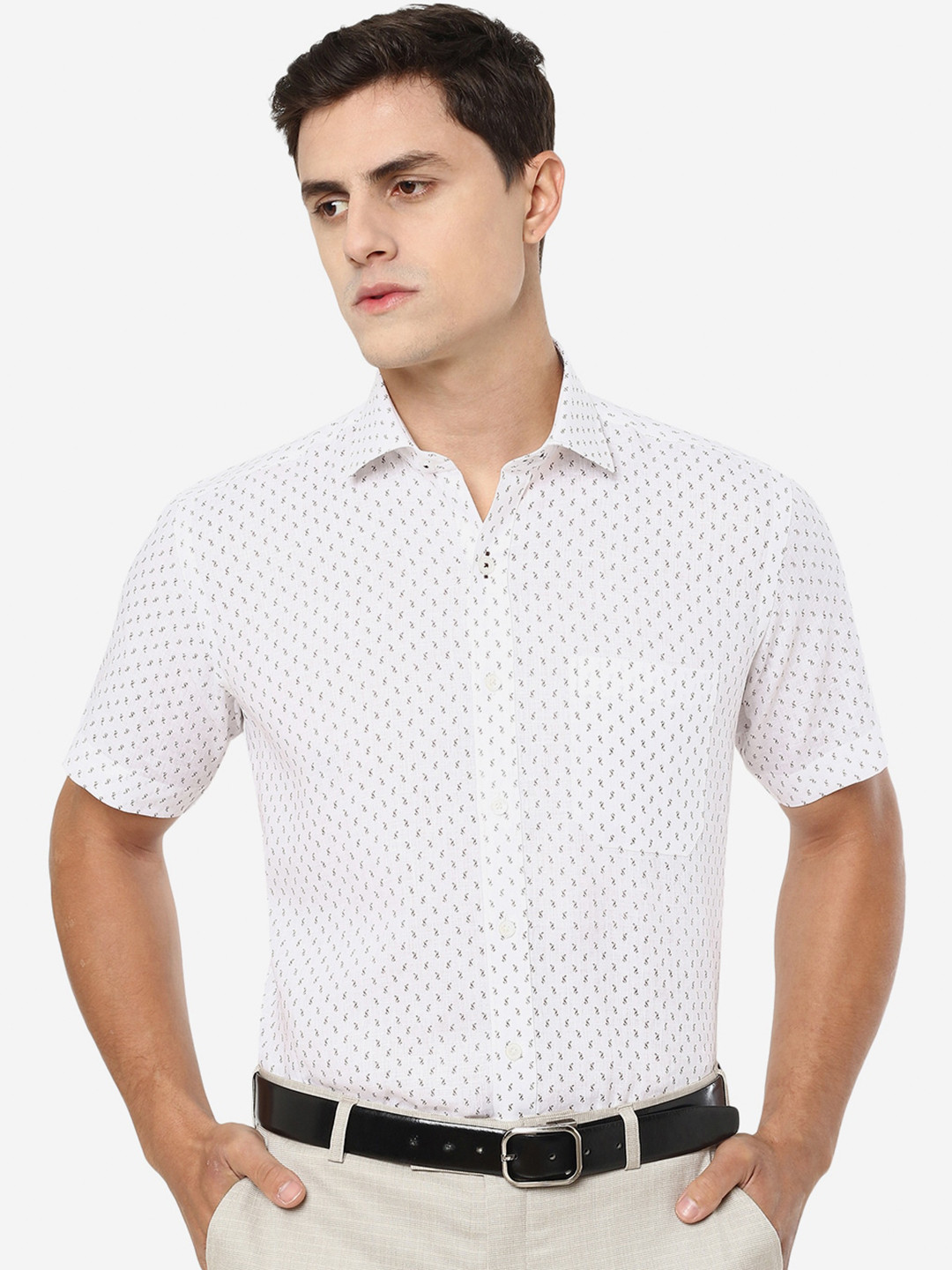 

JADE BLUE Short Sleeves Slim Fit Micro Printed Formal Cotton Shirt, White