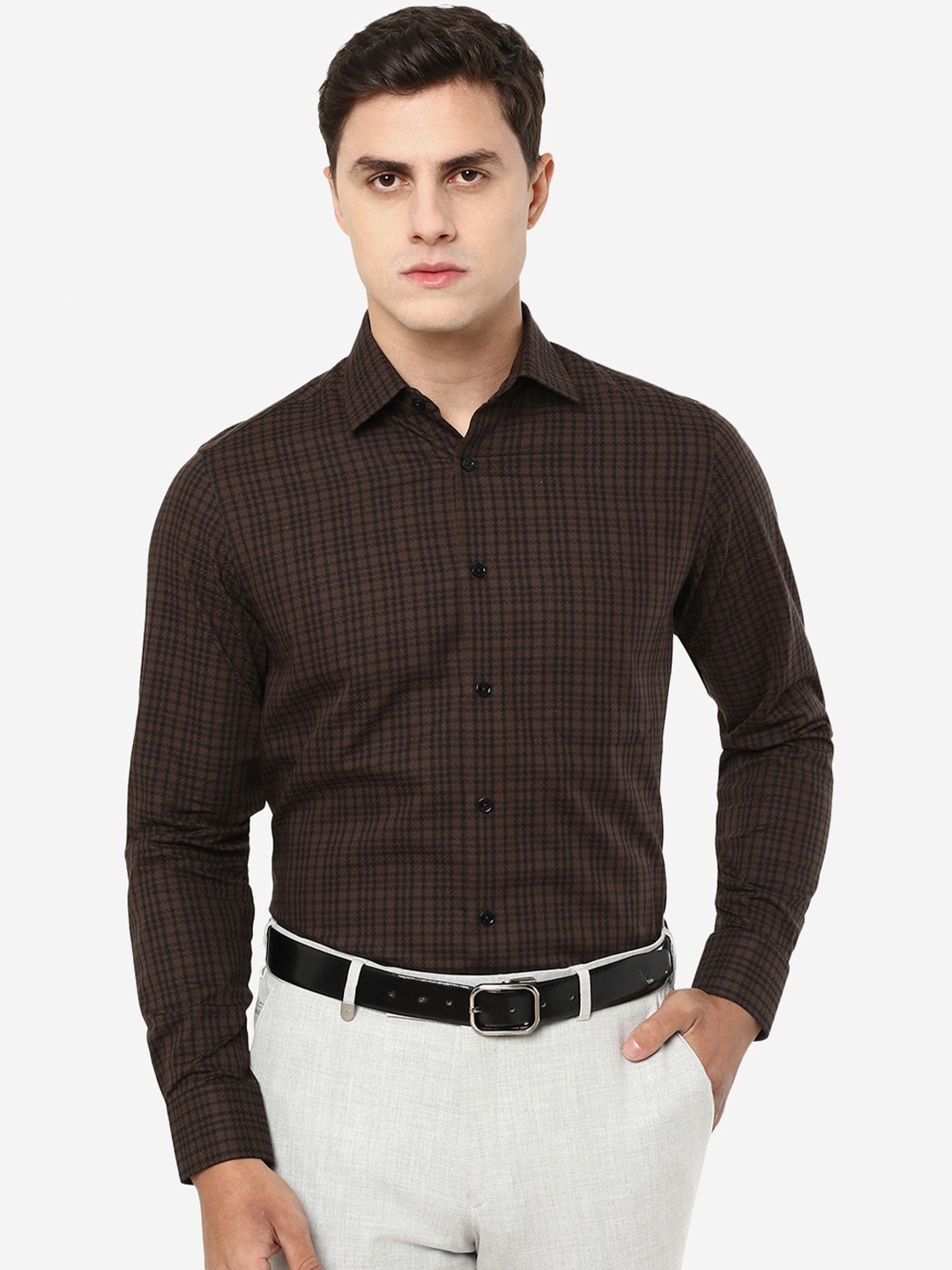 

JADE BLUE Plus Size Checks Cotton Formal Shirt, Brown