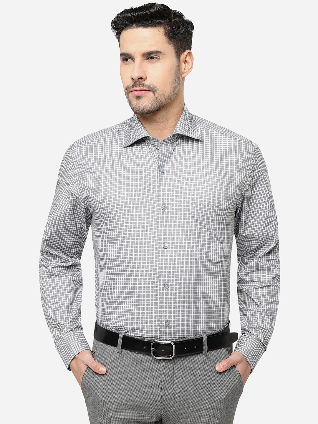 

JADE BLUE Plus Size Grid Tattersall Checks Cotton Formal Shirt, Grey