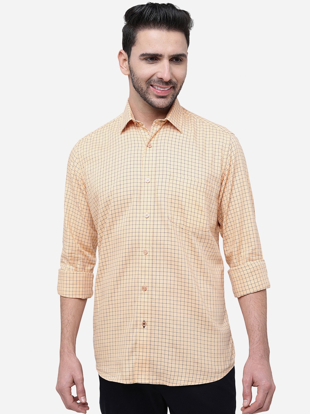 

JADE BLUE Slim Fit Windowpane Checked Casual Cotton Shirt, Peach