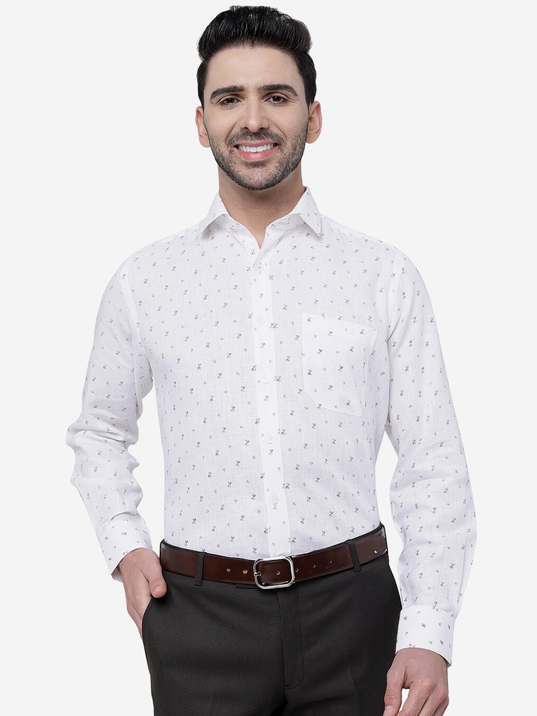 

JADE BLUE Micro Ditsy Printed Linen Formal Shirt, White