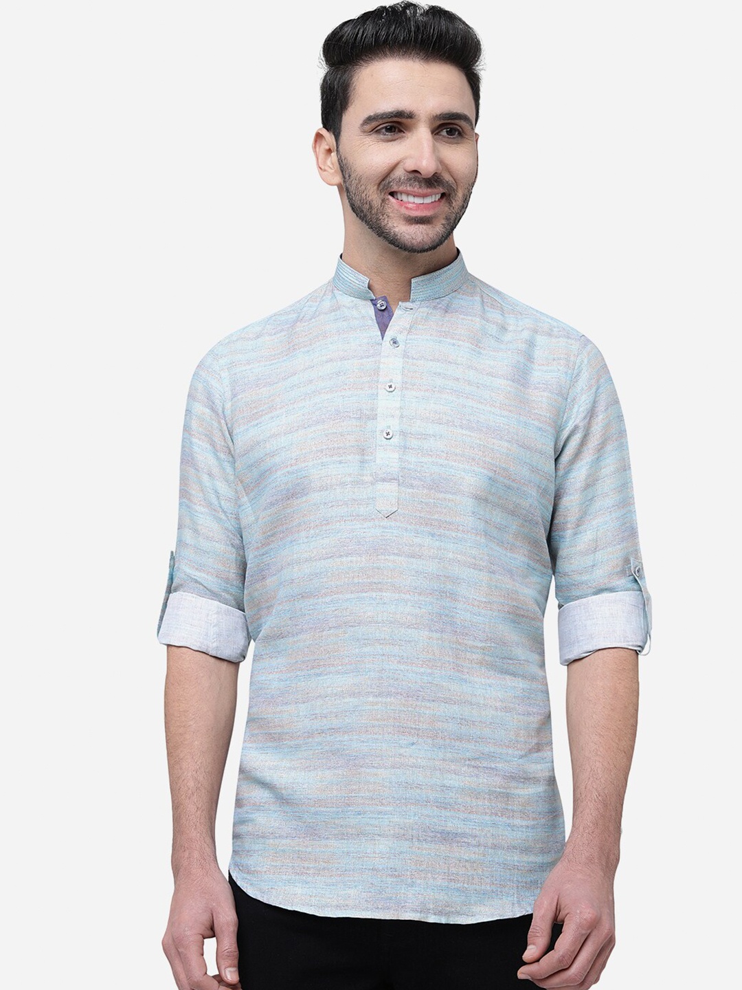 

JB STUDIO Mandarin Collar Slim Fit Linen Casual Shirt, Blue