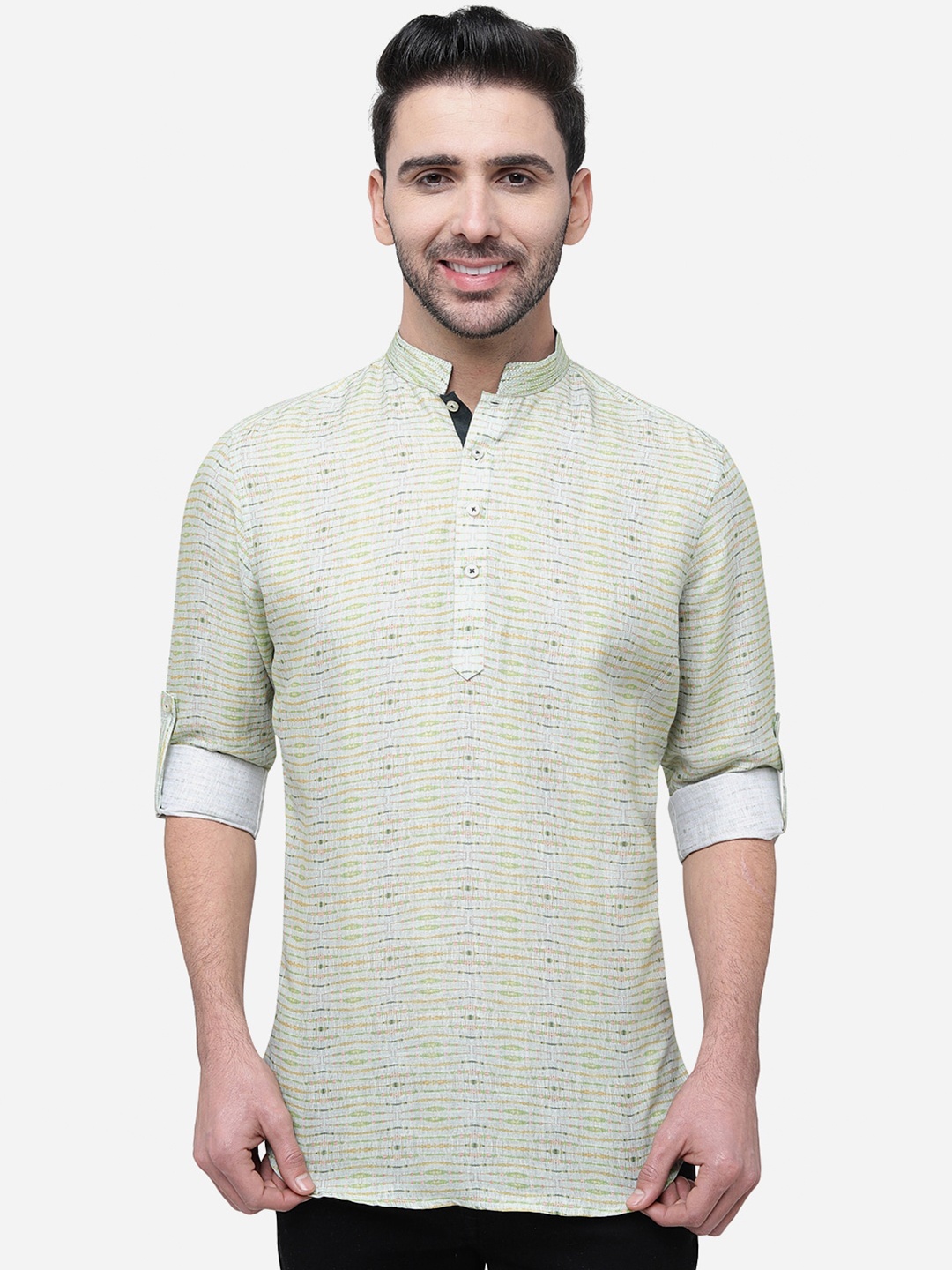 

JB STUDIO Mandarin Collar Printed Slim Fit Casual Shirt, Green
