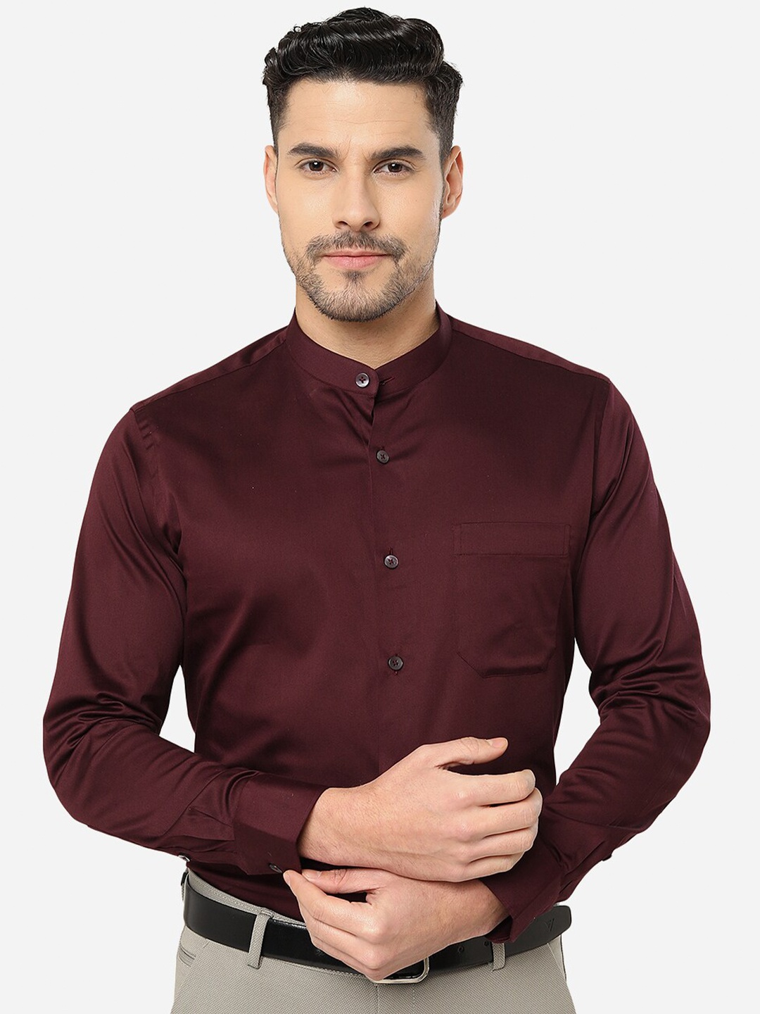 

METAL Slim Fit Mandarin Collar Cotton Formal Shirt, Maroon