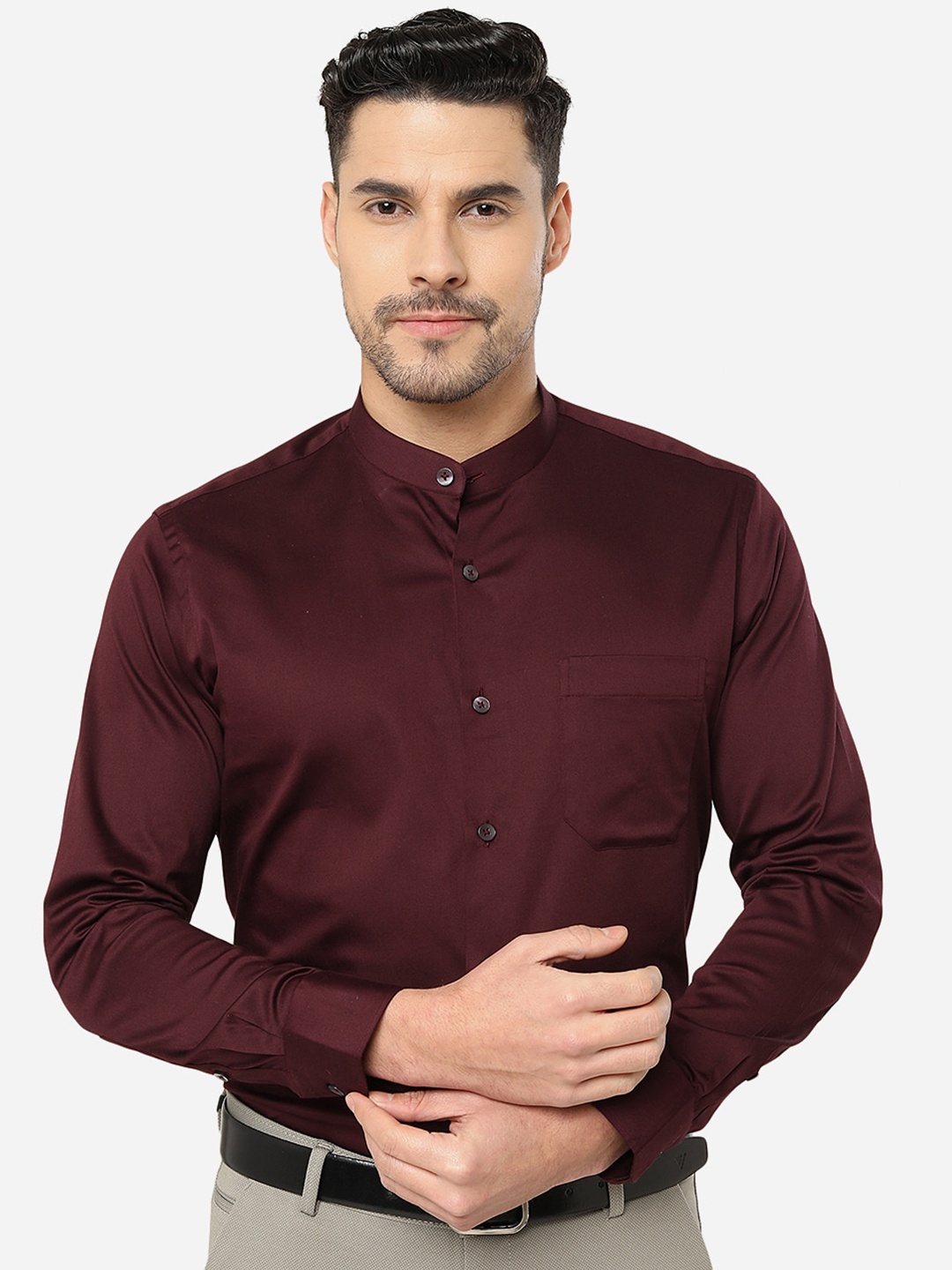 

METAL Slim Fit Mandarin Collar Cotton Formal Shirt, Maroon
