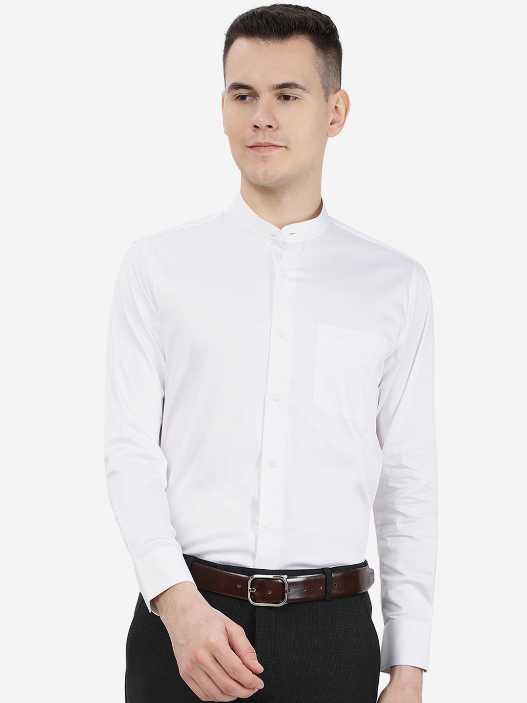 

METAL Mandarin Collar Slim Fit Formal Cotton Shirt, White