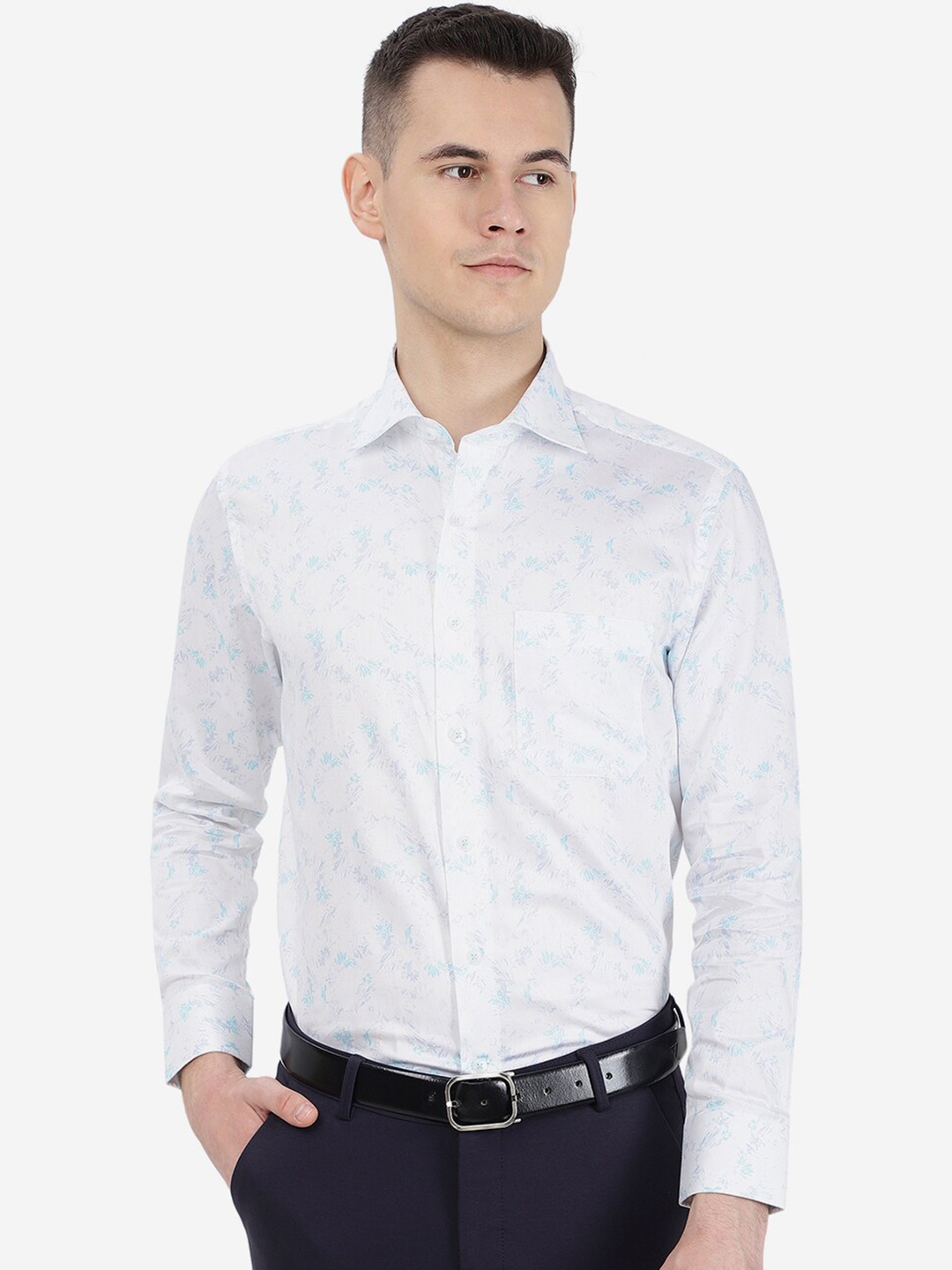 

METAL Slim Fit Floral Printed Cotton Formal Shirt, White