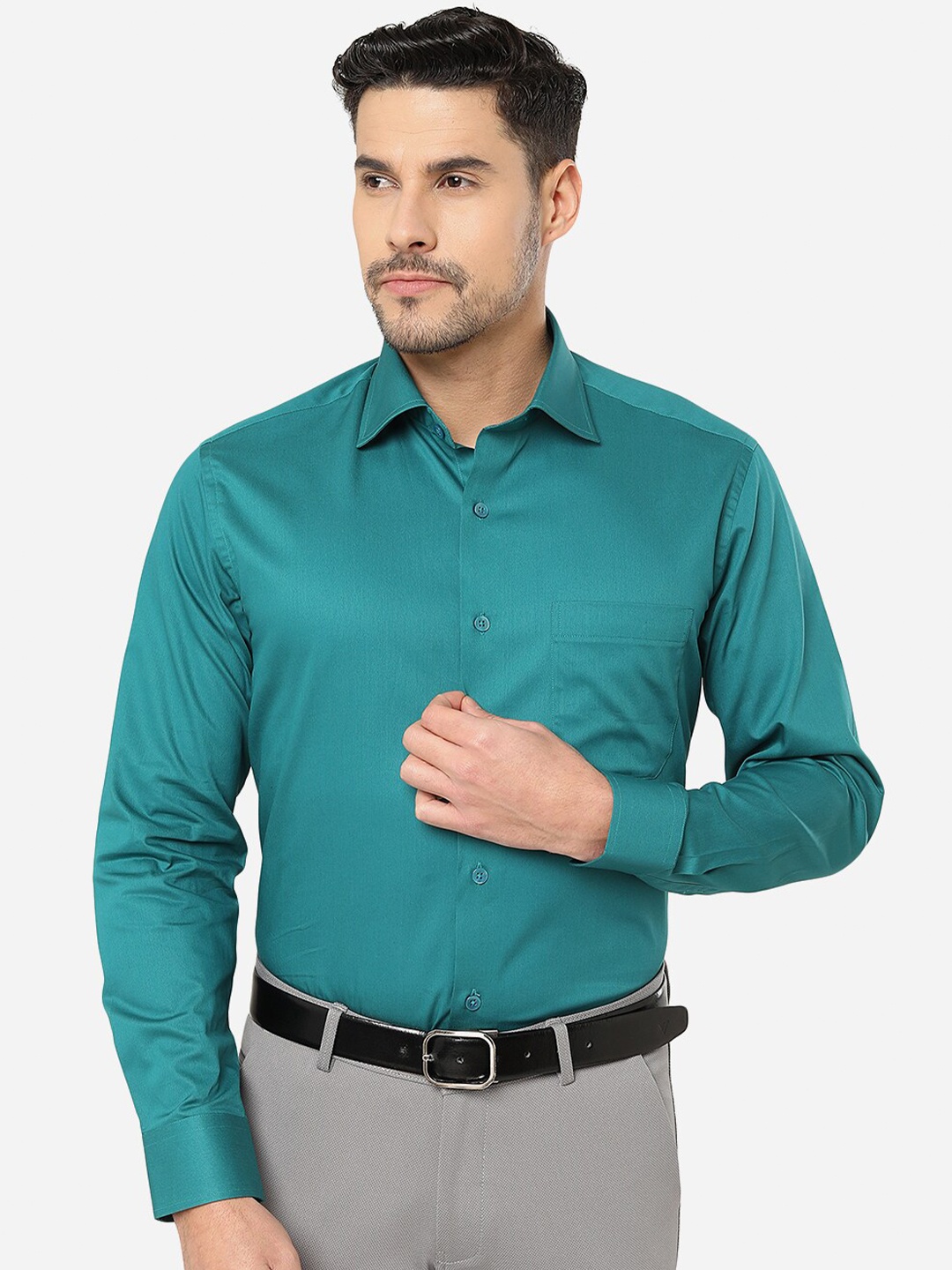 

METAL Slim Fit Spread Collar Cotton Formal Shirt, Green