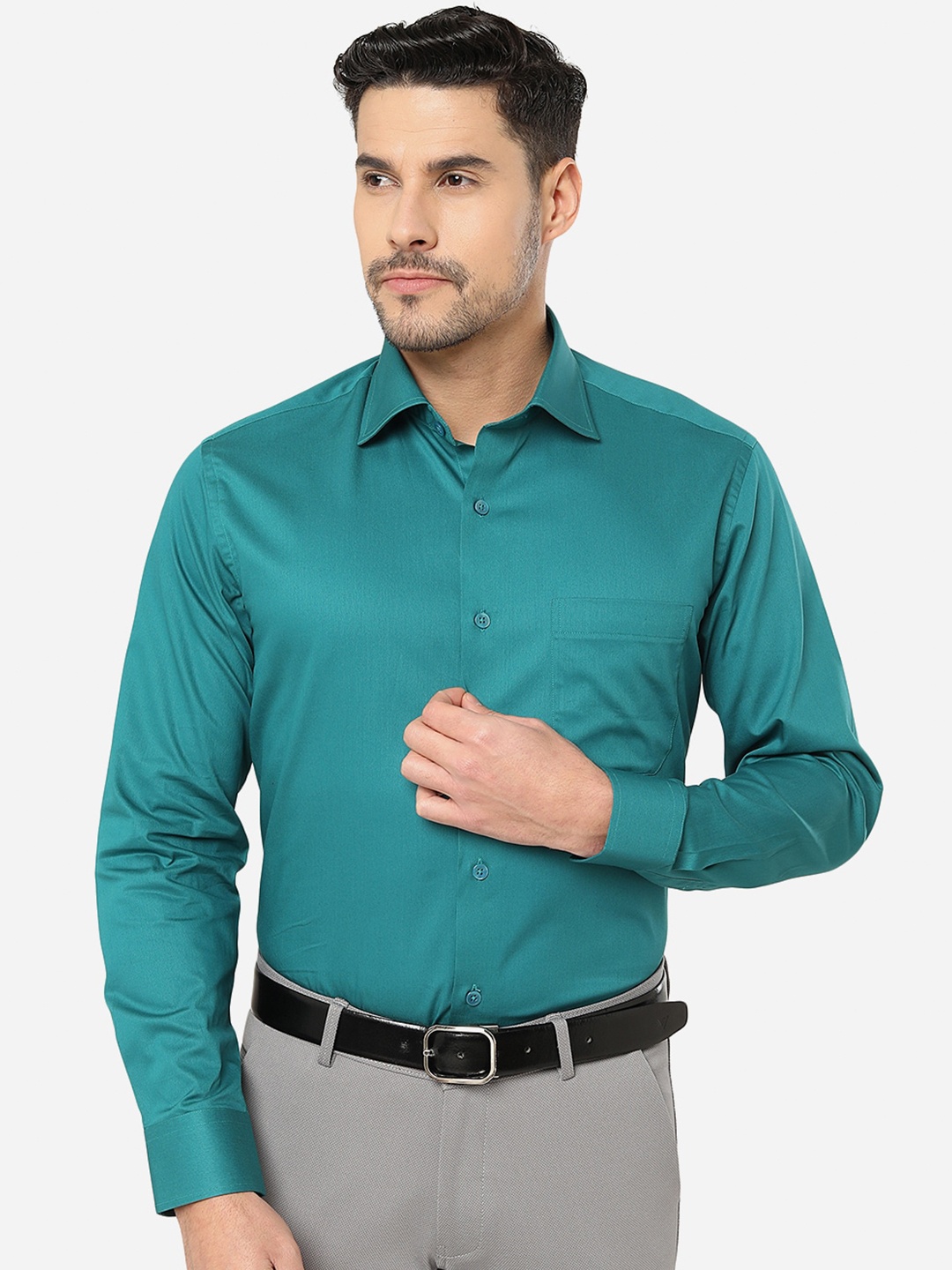 

METAL Slim Fit Spread Collar Cotton Formal Shirt, Green