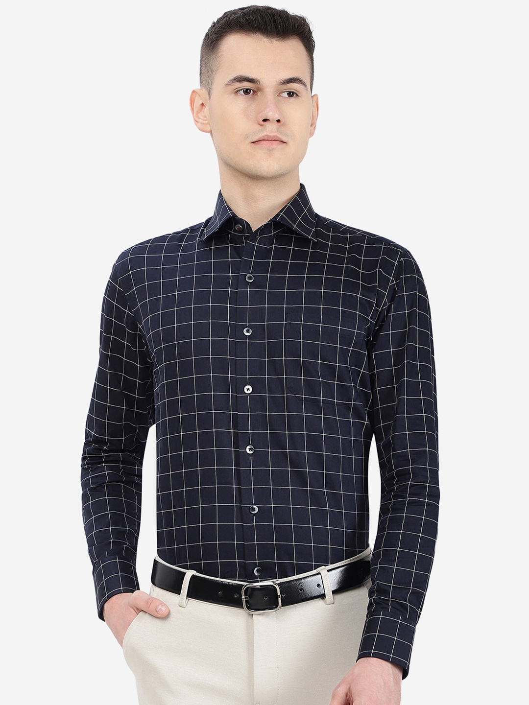 

METAL Slim Fit Windowpane Checked Formal Cotton Shirt, Blue