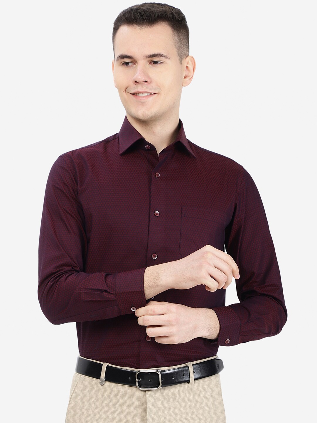 

METAL Micro Ditsy Printed Slim Fit Formal Cotton Shirt, Maroon