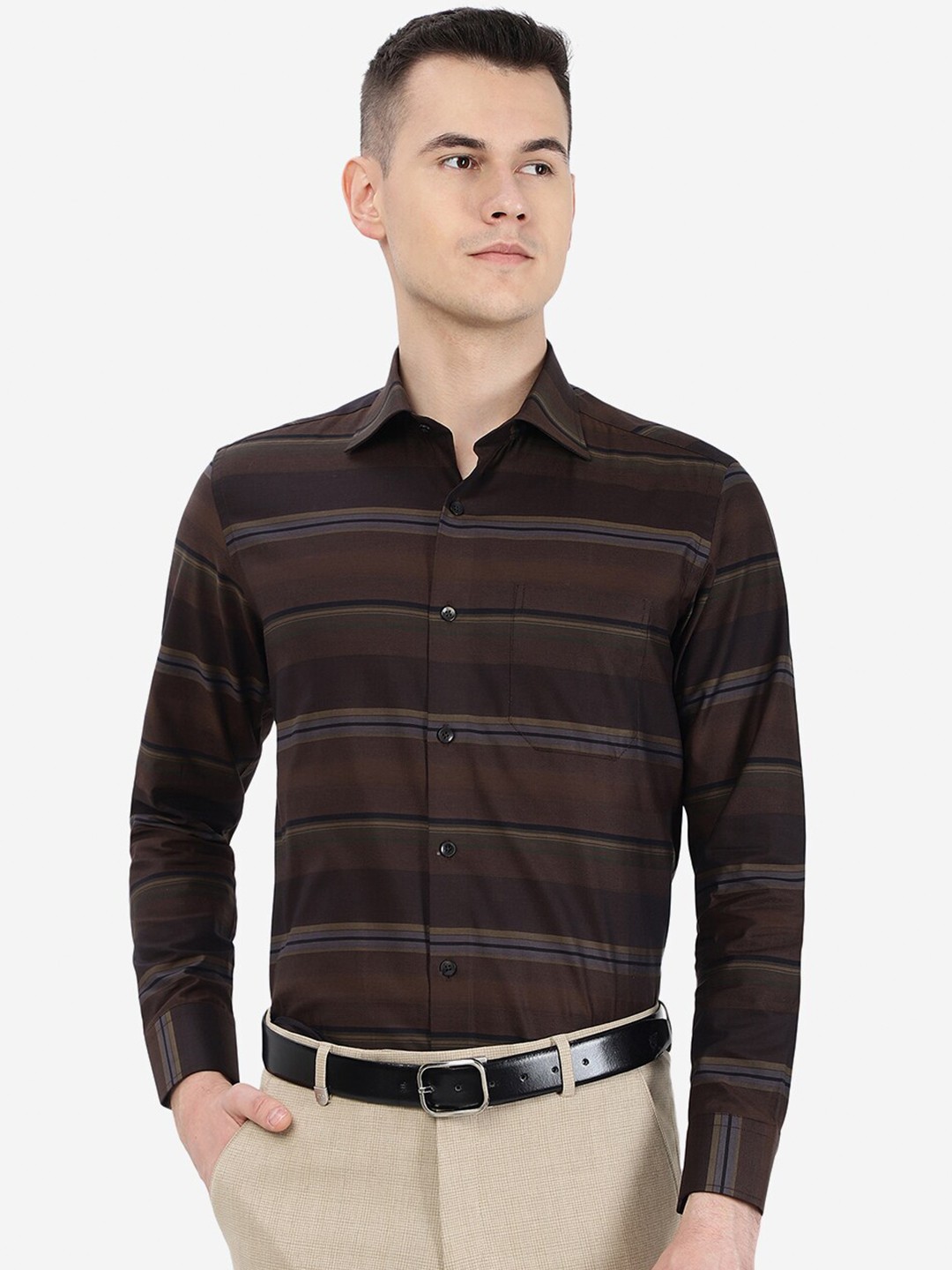 

METAL Slim Fit Horizontal Striped Cotton Formal Shirt, Brown
