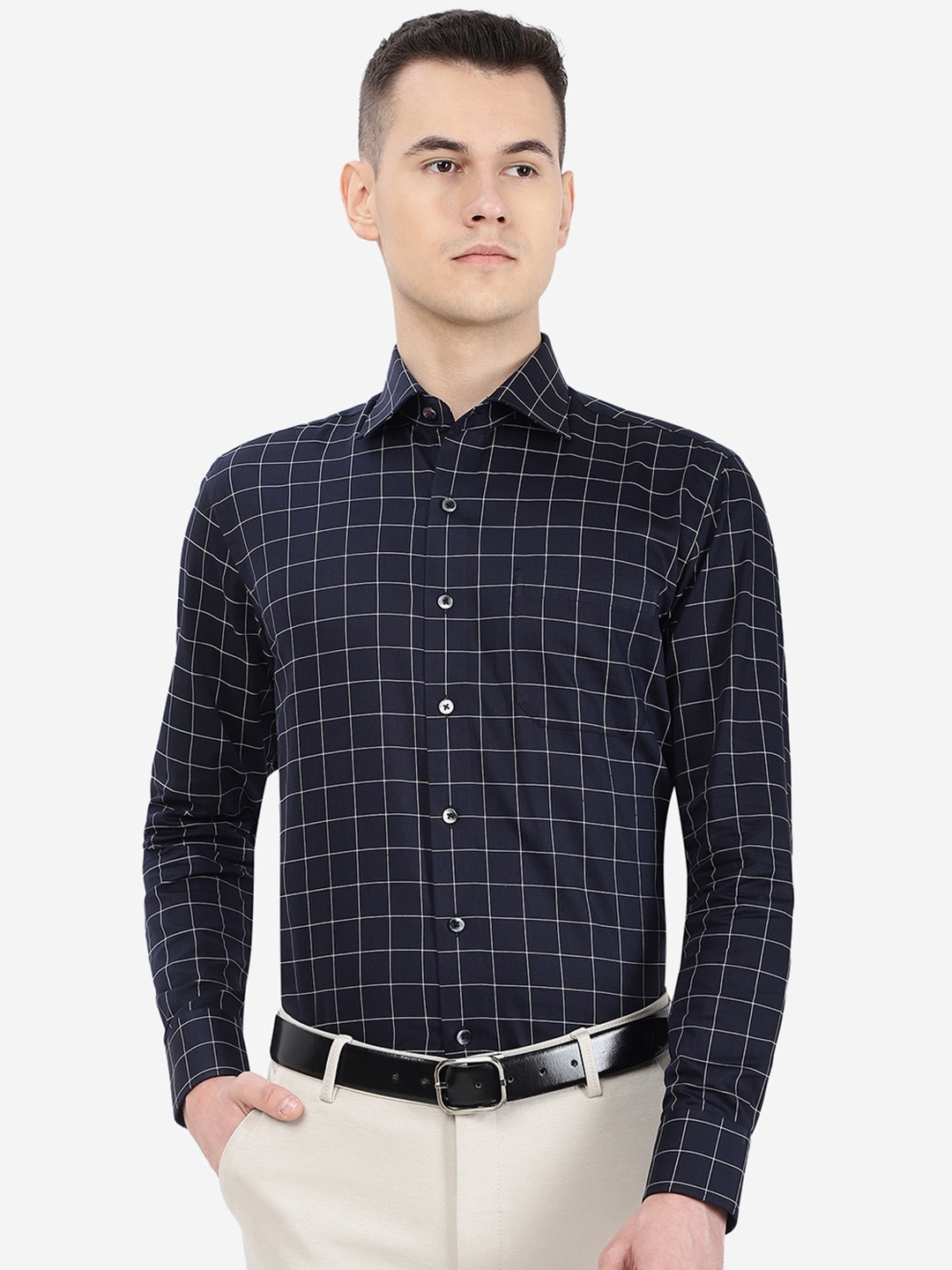 

METAL Slim Fit Windowpane Checked Formal Cotton Shirt, Navy blue