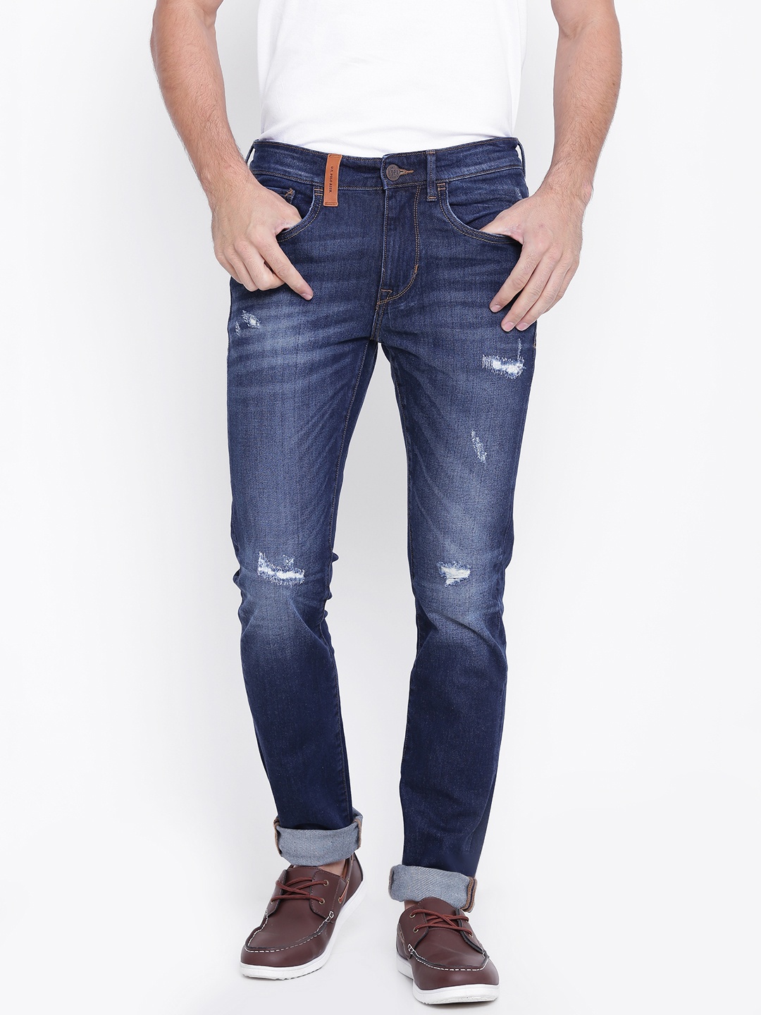 

U.S. Polo Assn. Denim Co. Men Navy Skinny Fit Mid-Rise Low Distress Stretchable Jeans, Navy blue